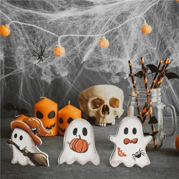 3 Pcs Wooden Blocks Signs, Happy Halloween Ghost Tiered Tray Decorations - Picture 5 of 7